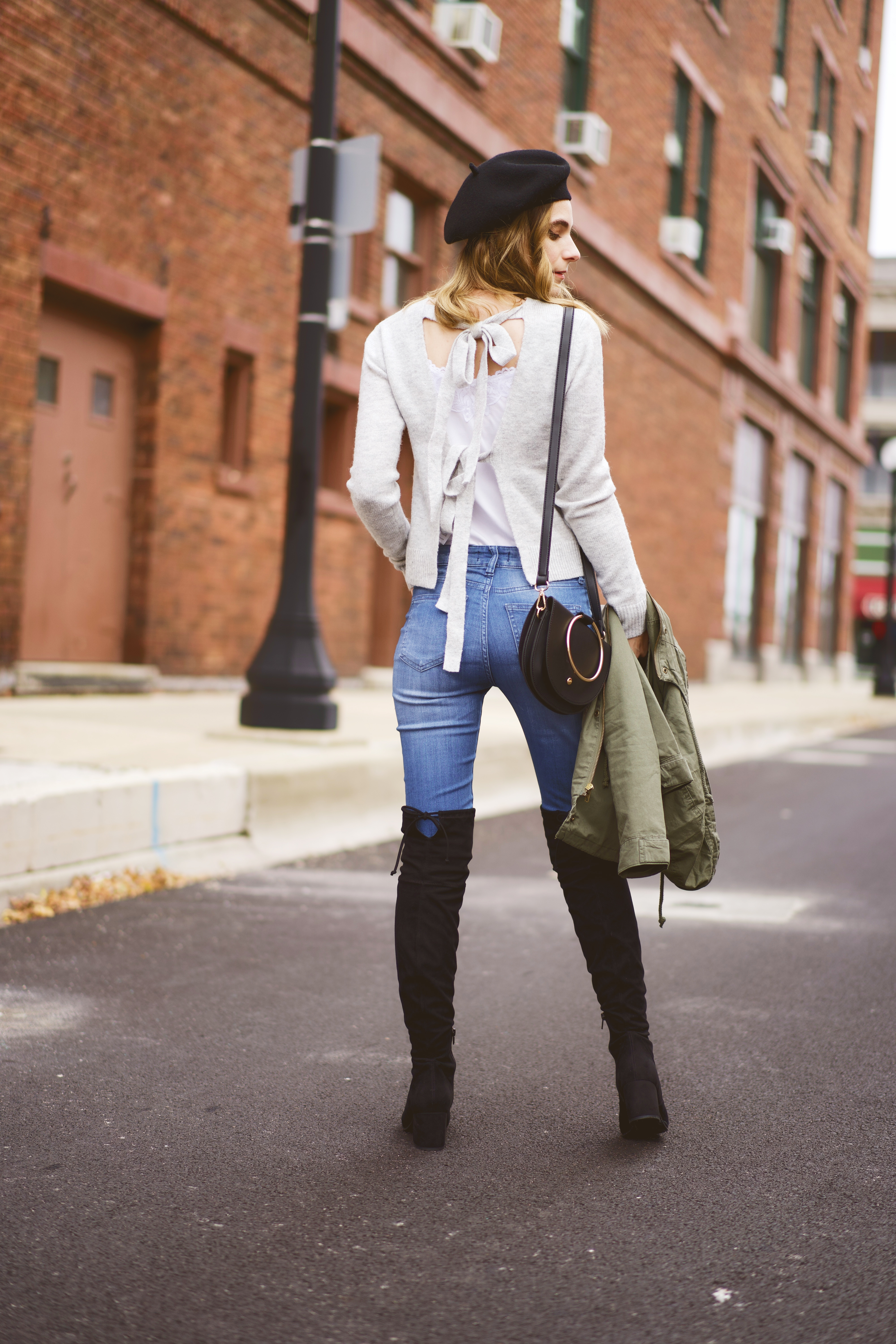 Open Back Sweater - The Dark Plum paired with over the knee boots