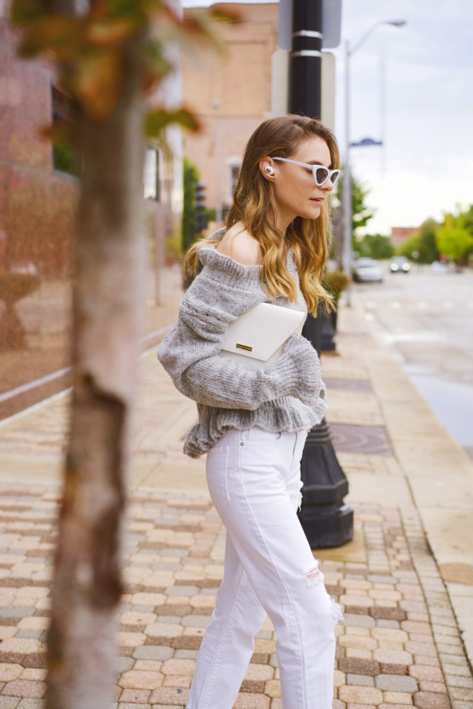 gray oversized off the shoulder sweater 