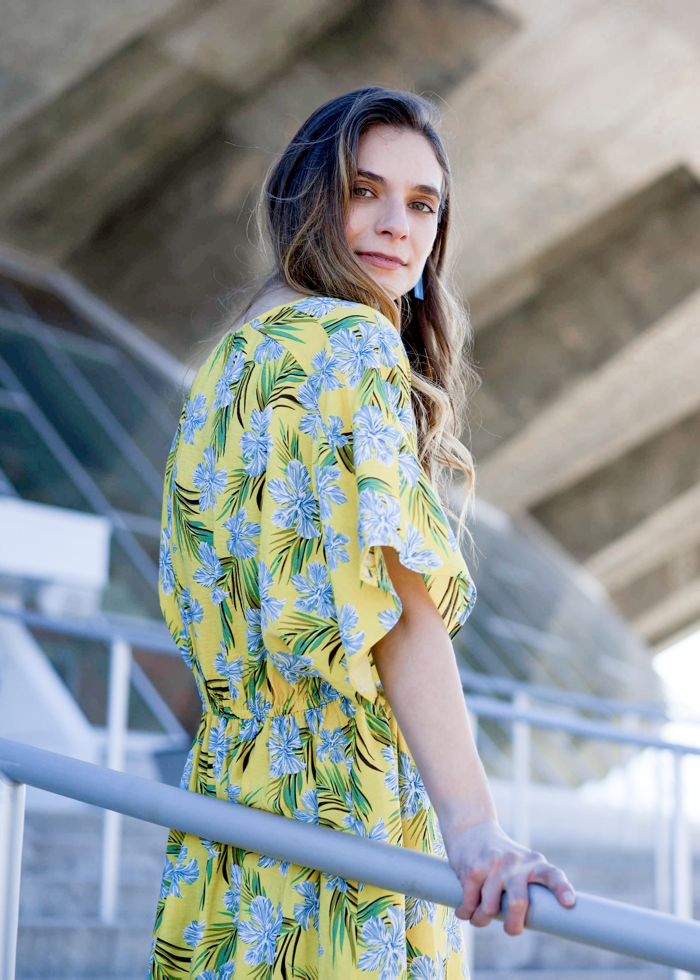 blue, green, and yellow tropical dress 