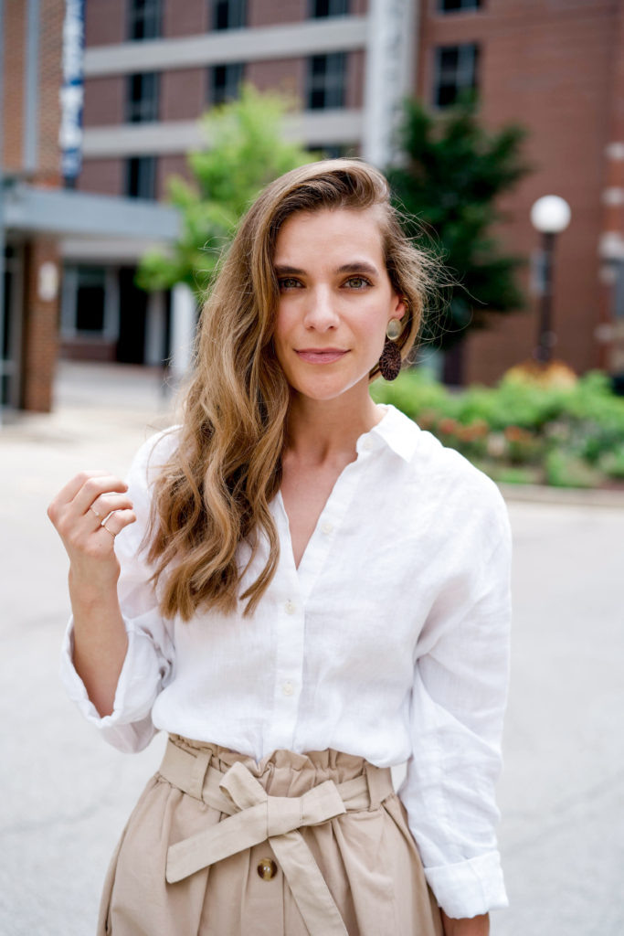 White Linen Blouse with Beige Wide Leg Trousers