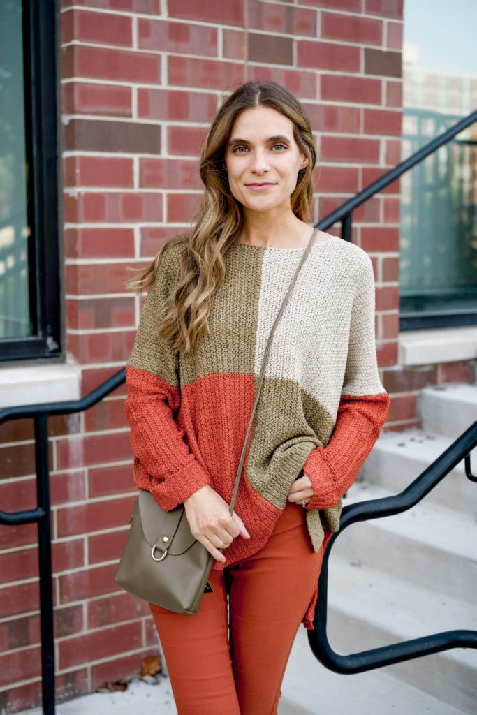 Orange and olive color block sweater