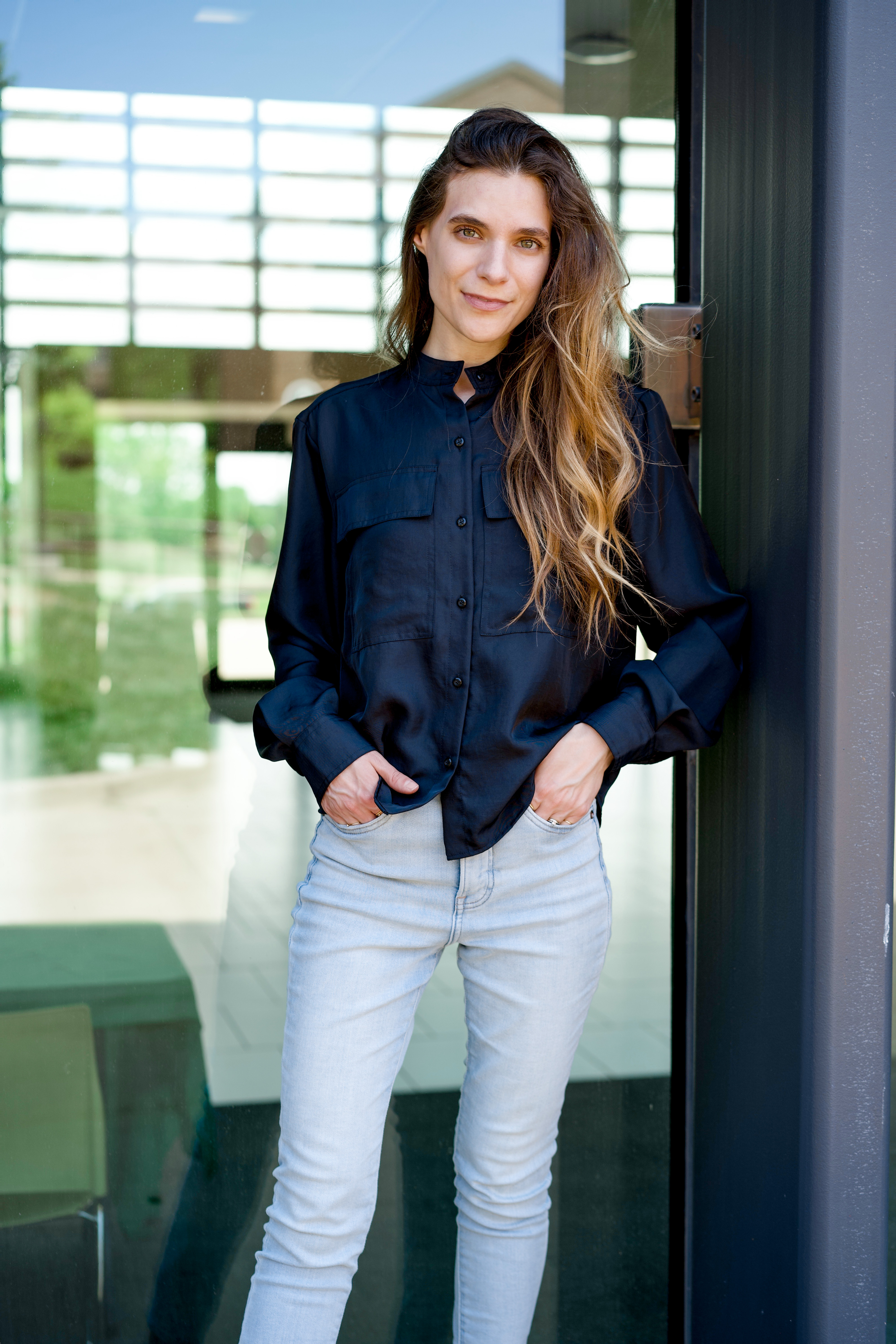 Women's black long sleeve silk blouse