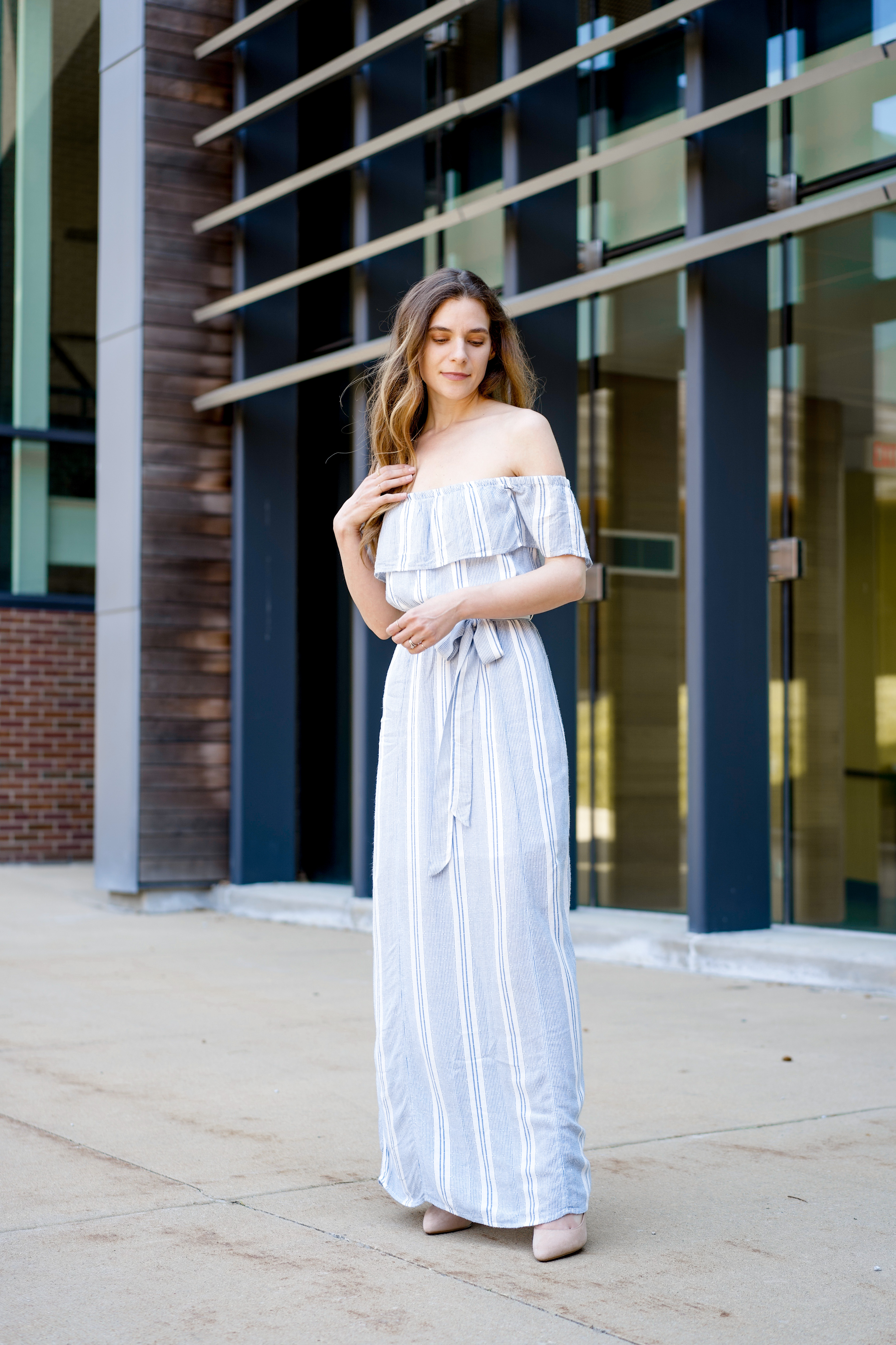 Women's white and blue striped off-the-shoulder maxi dress