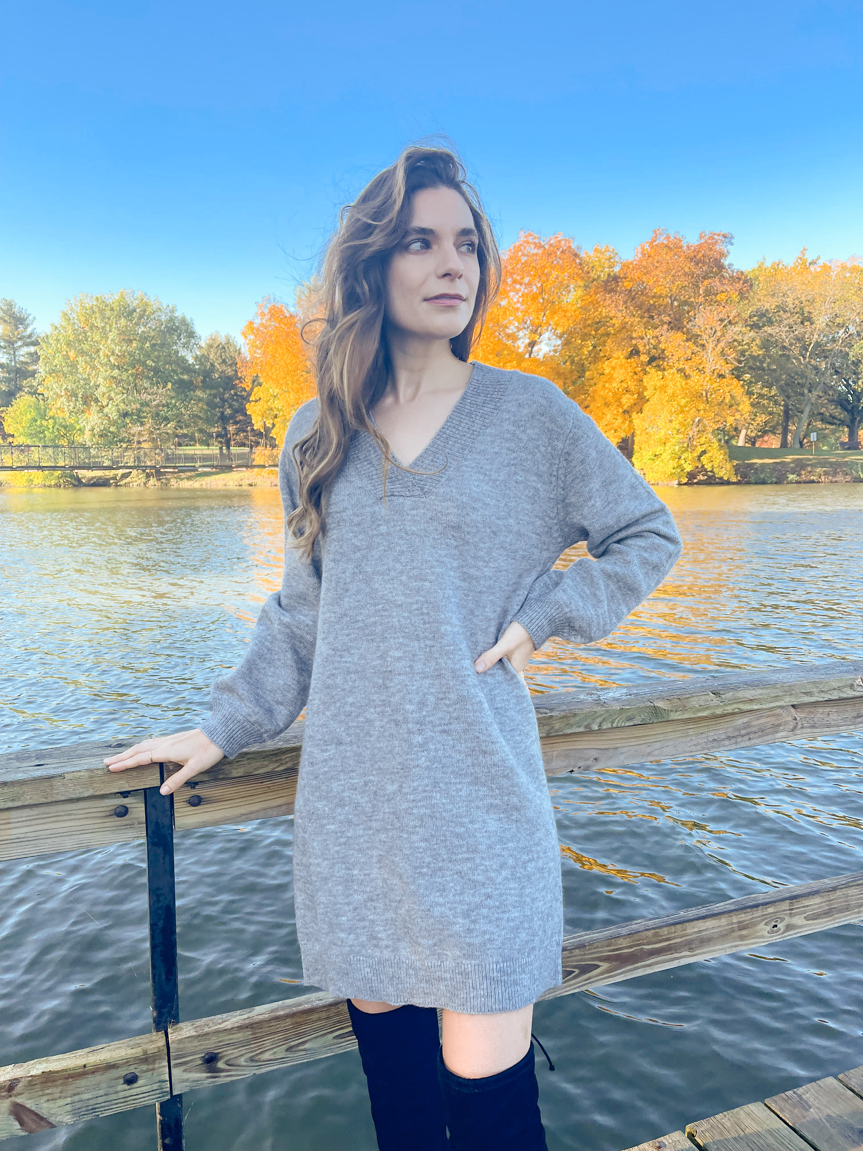 Gray v-neck sweater dress 