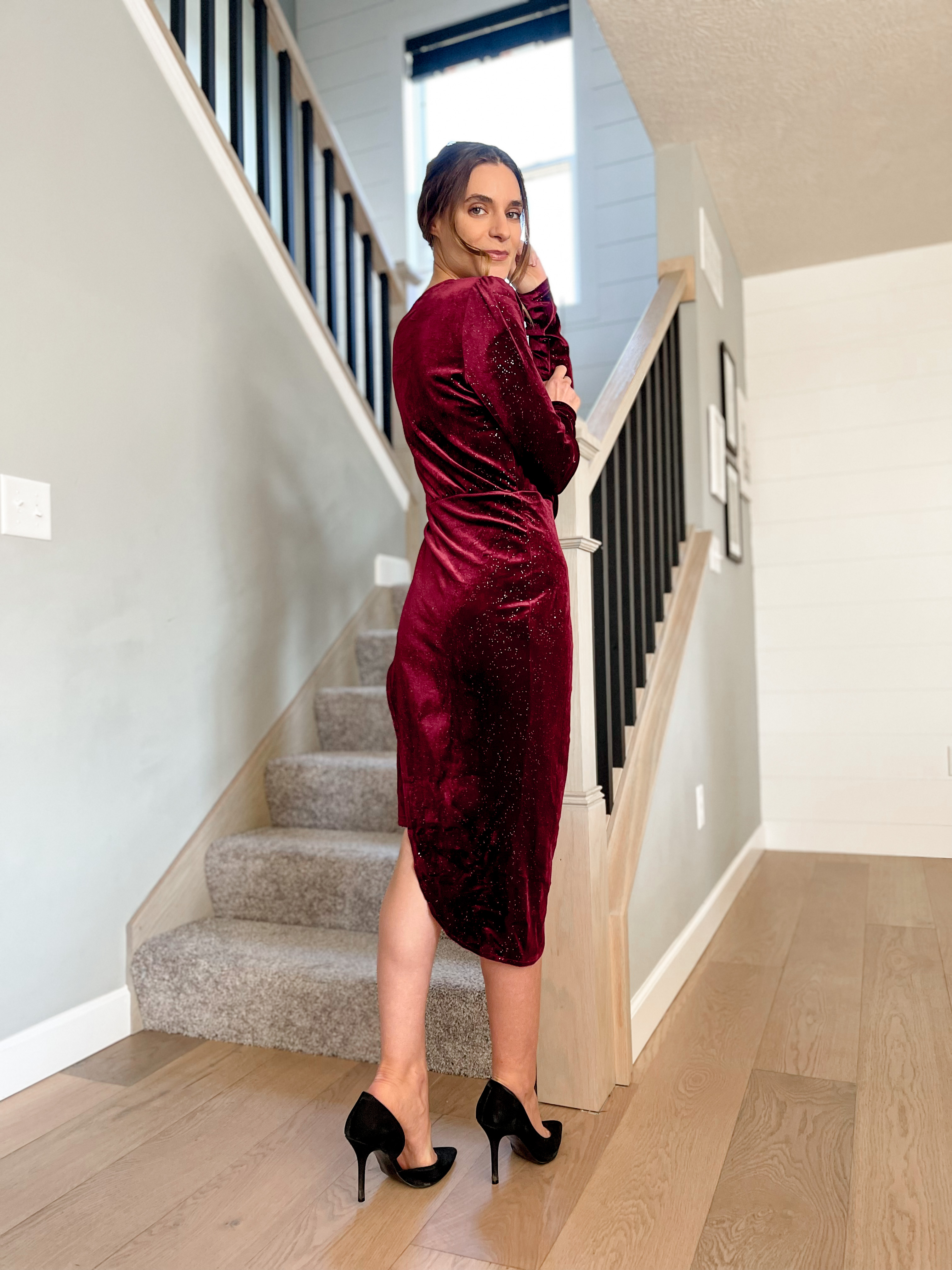 Wine red midi long sleeve velvet Amazon dress 
