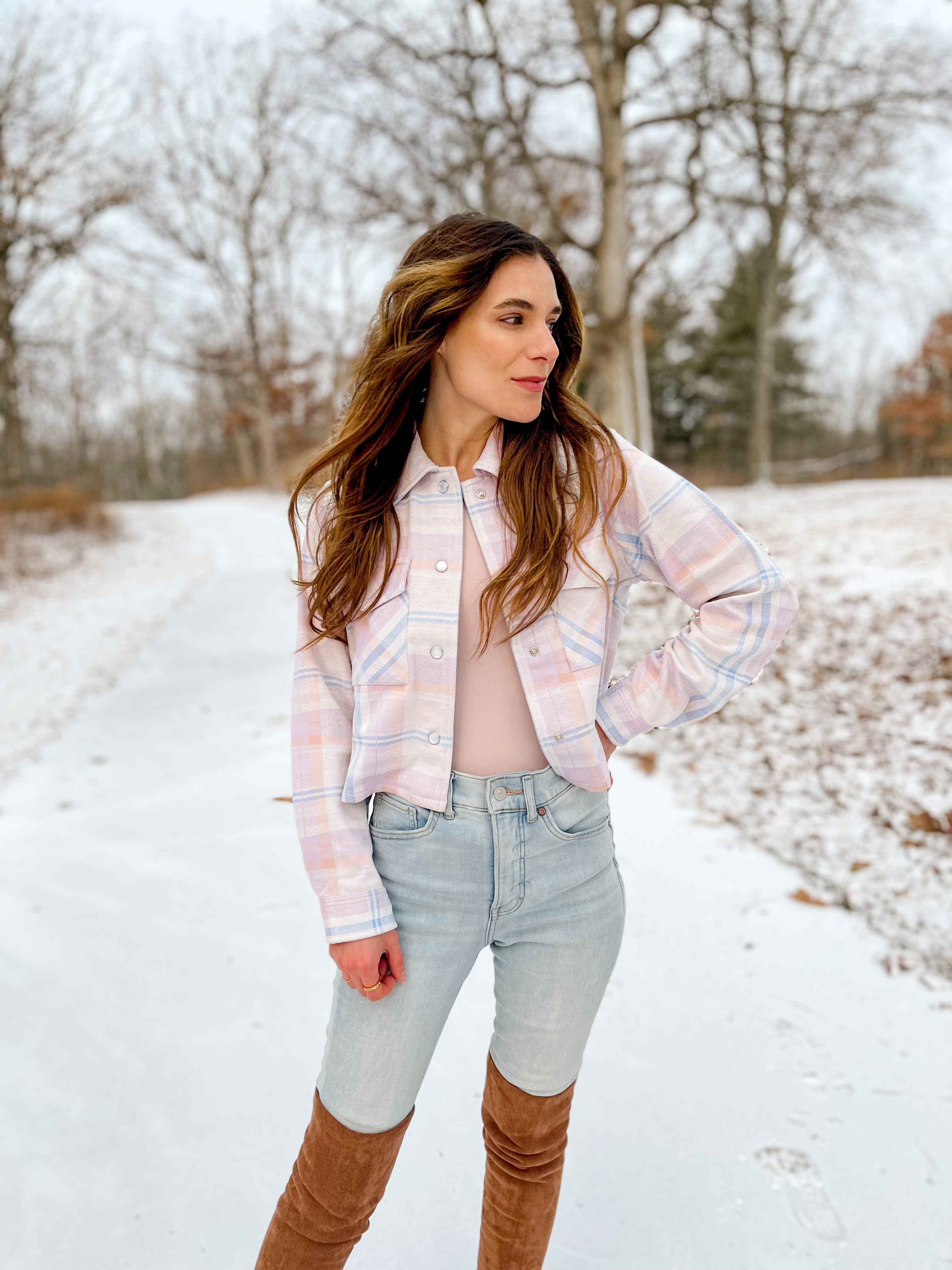Pink pastel winter shacket outfit 